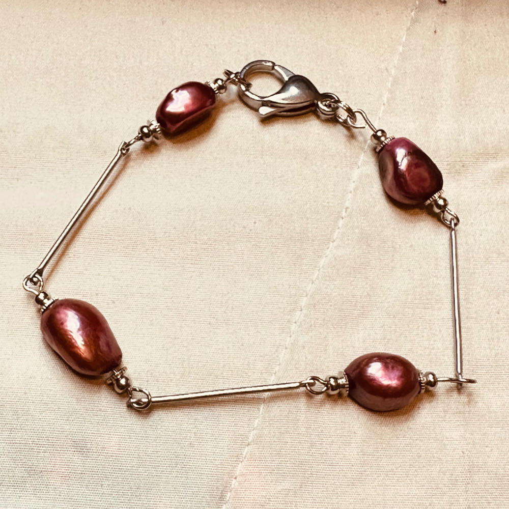 Stainless Steel Bar & Large Clasp Bracelet w/Genuine Freshwater Pearls Handmade